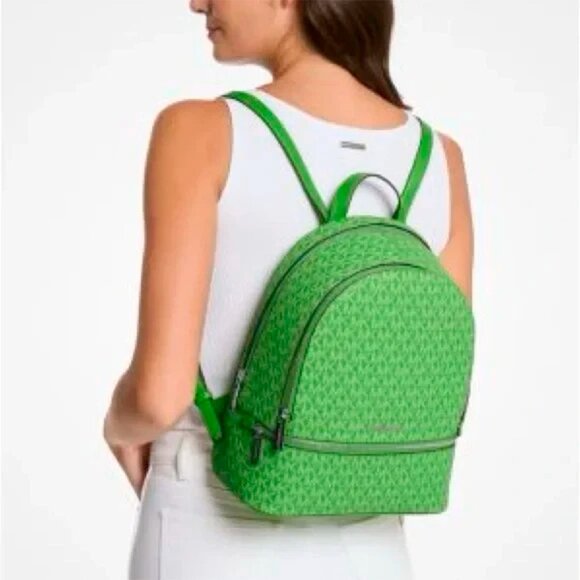 S Michael Kors Rhea Medium Zip Green Logo Backpack 35S5SRAB2V NWT $498 Retail main image 5